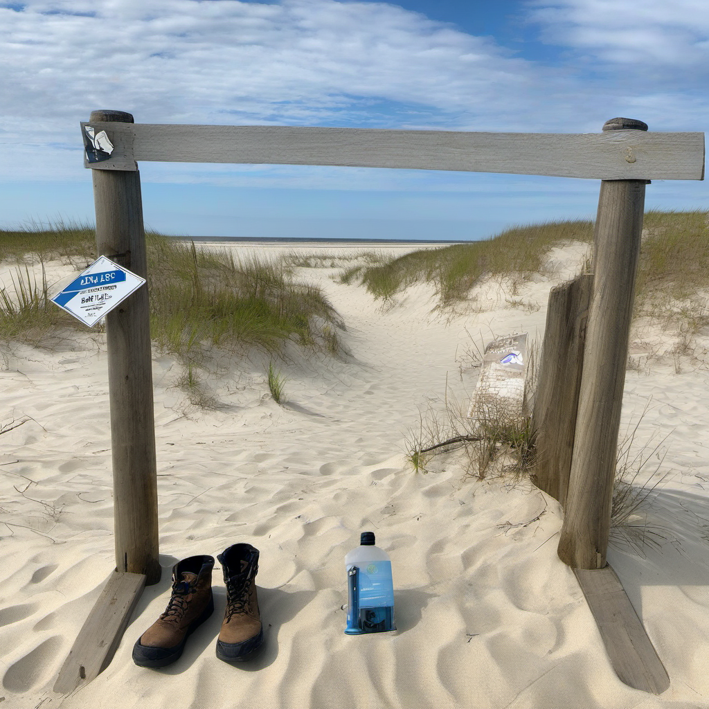 Beach path through dunes with boots and a water bottle in the sand