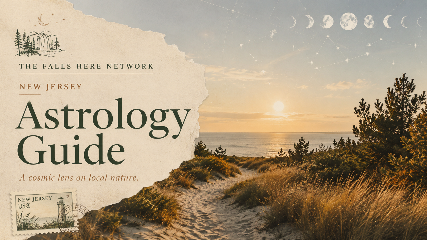 New Jersey Falls Here astrology guide featured image with coastal dunes, sunset, and celestial details.