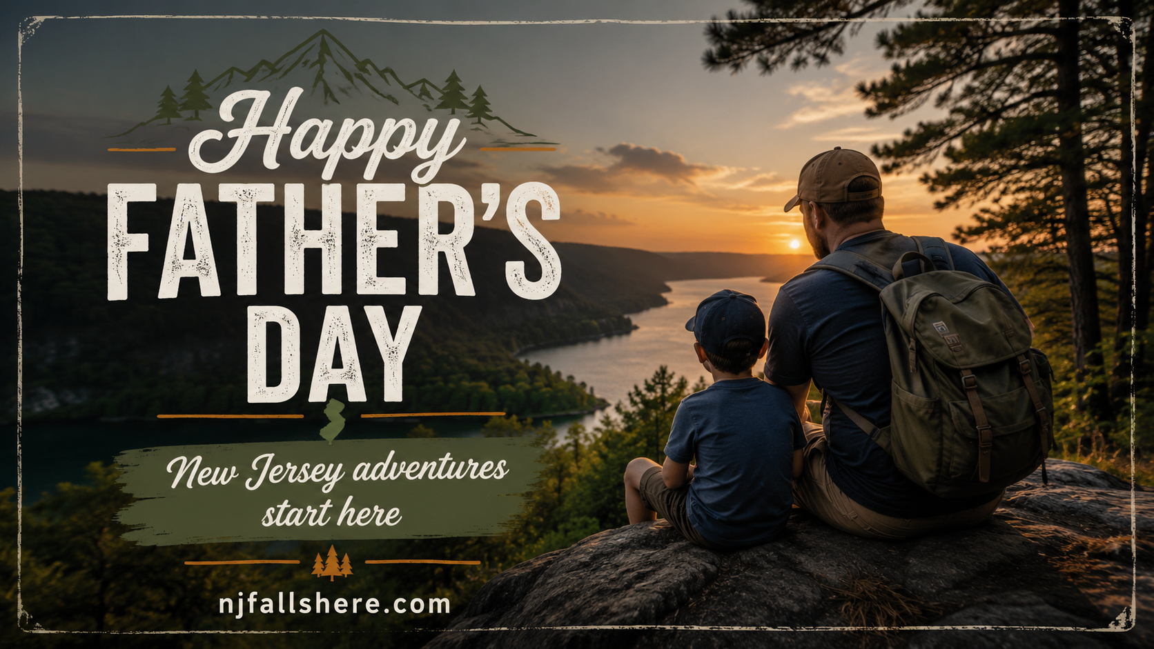 Happy Father's Day New Jersey Falls Here graphic with a father and child overlooking a river valley.